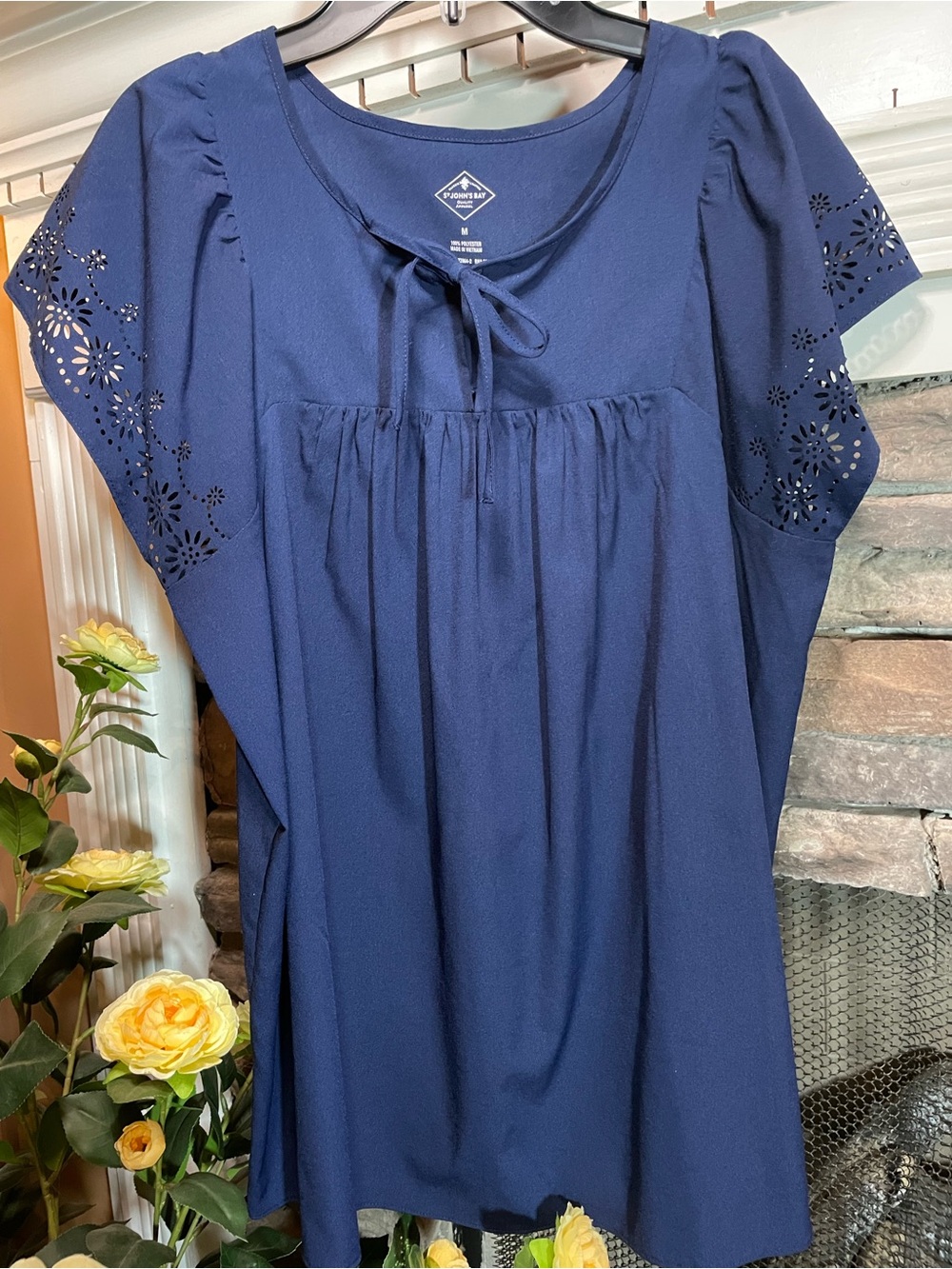 St. John's Bay Navy Tie-Front Tunic with Laser-Cut Sleeves